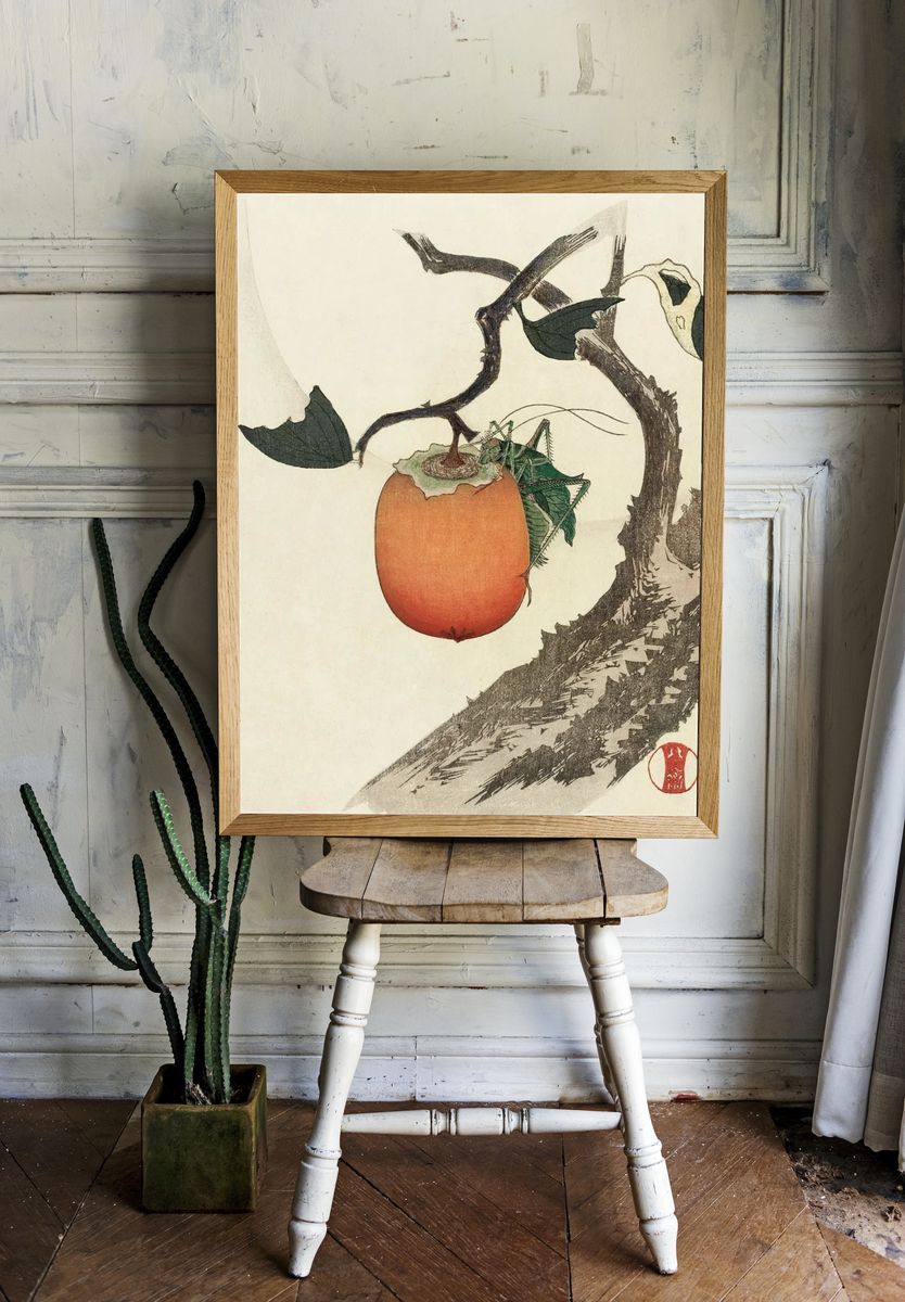 Kakivrucht met Sprinkhaan by Katsushika Hokusai (1890) — Art Print. — room view 1