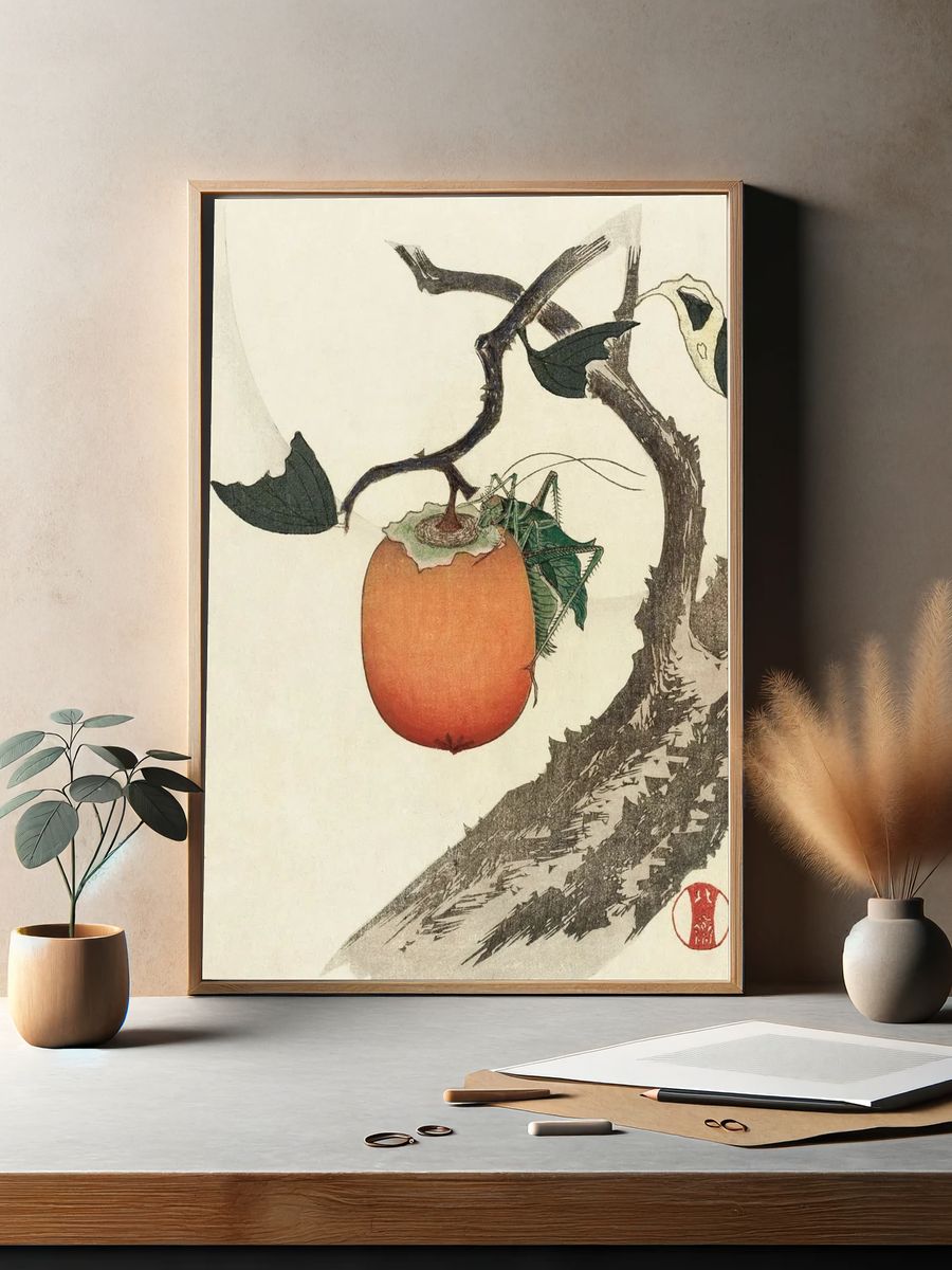 Kakivrucht met Sprinkhaan by Katsushika Hokusai (1890) — Art Print. — room view 2