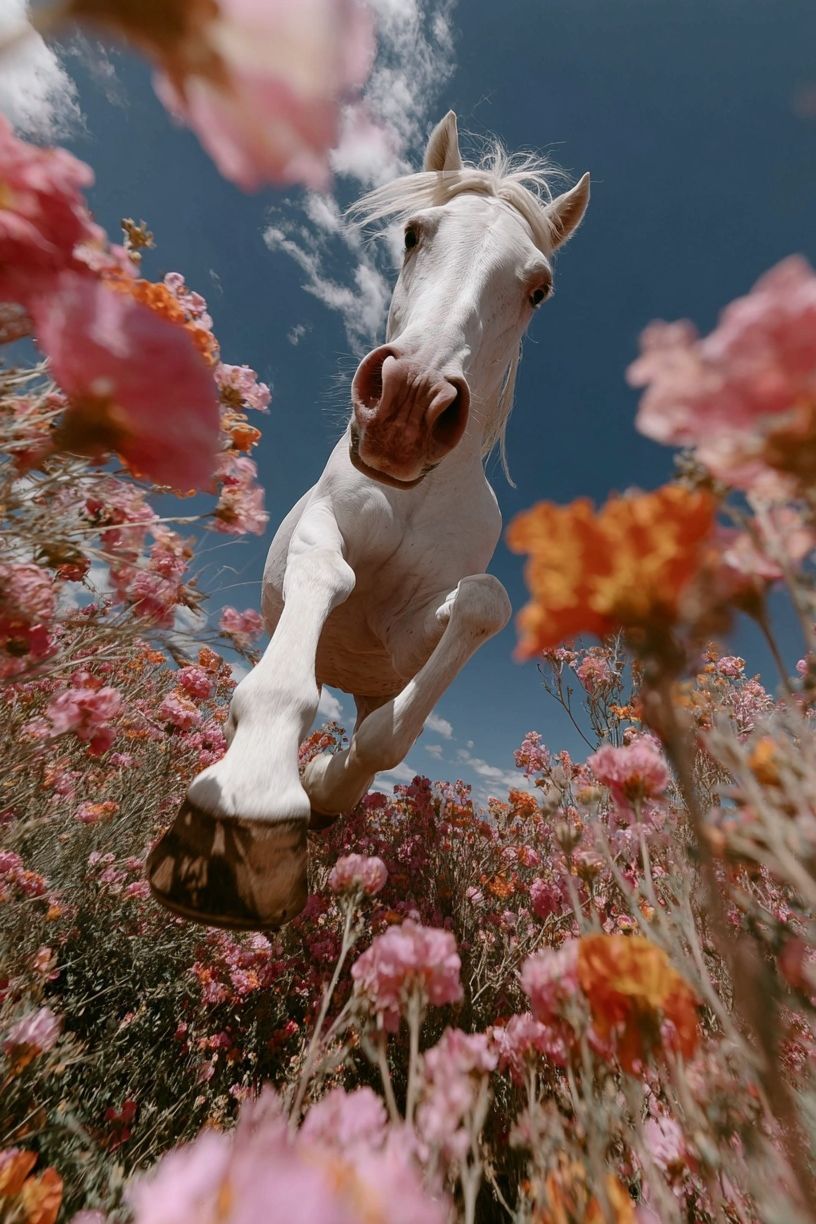 White Horse in Blooming Field Poster. poster detail