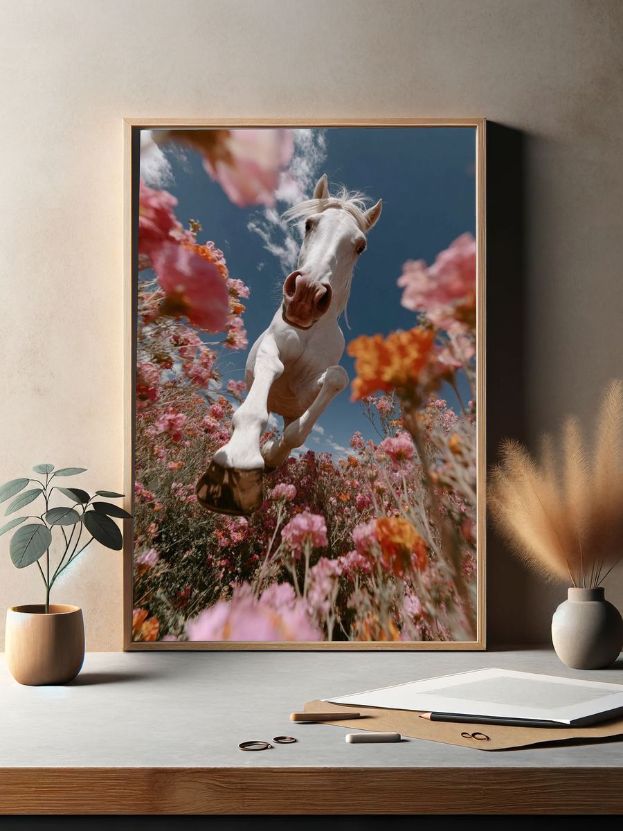 White Horse in Blooming Field Poster. — room view 2