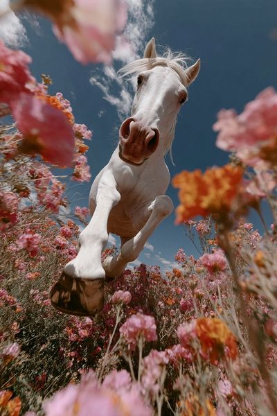 White Horse in Blooming Field Poster. poster print