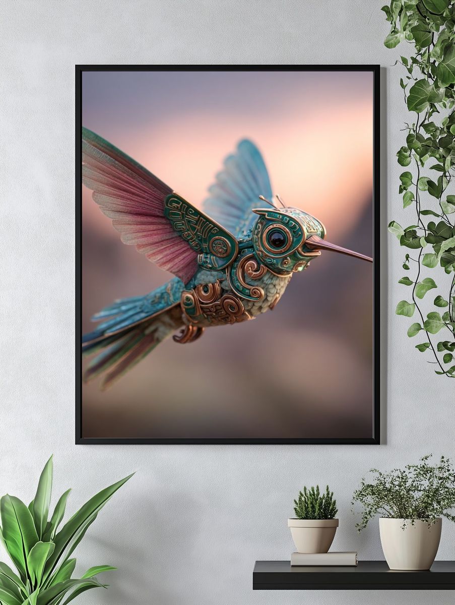 Steampunk Hummingbird Illustration Poster. — room view 4