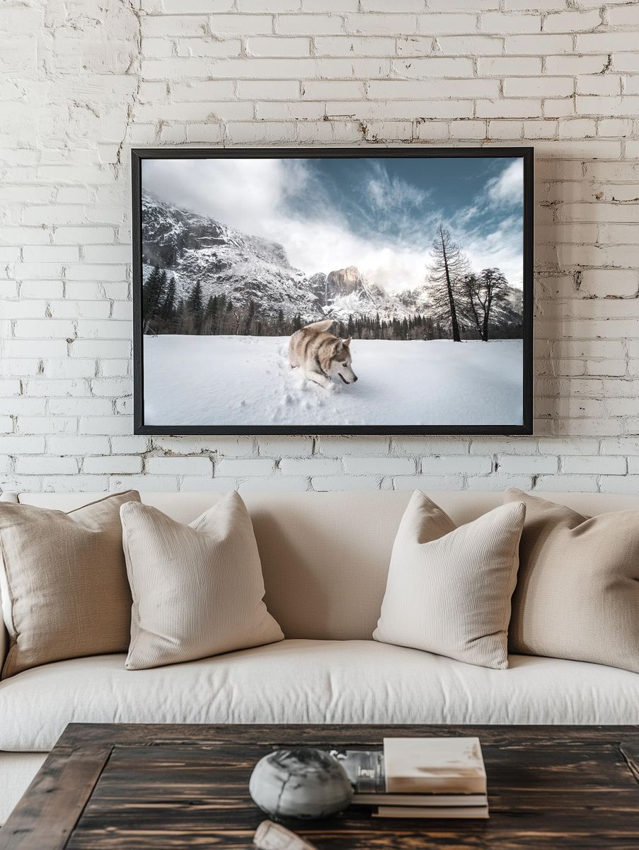 Husky in Snowy Mountain Landscape Poster room preview