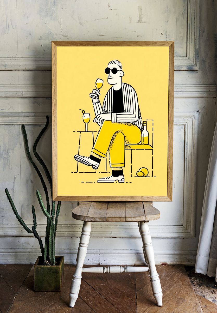 Chic Man with Drink — Illustration Print. — room view 1