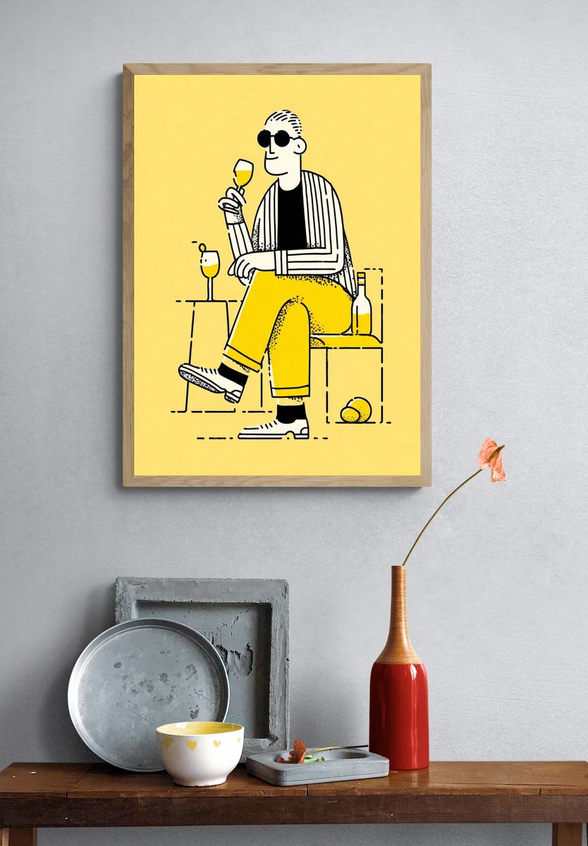 Chic Man with Drink — Illustration Print. — room view 3