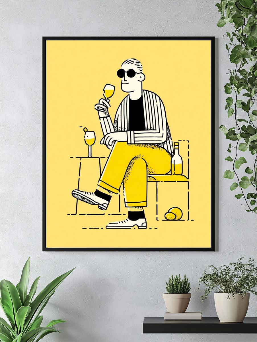 Chic Man with Drink — Illustration Print. — room view 4