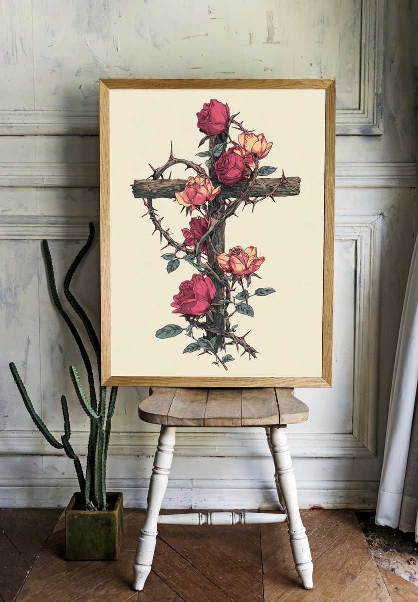 Thorned Rose Cross Illustration Poster. — room view 1
