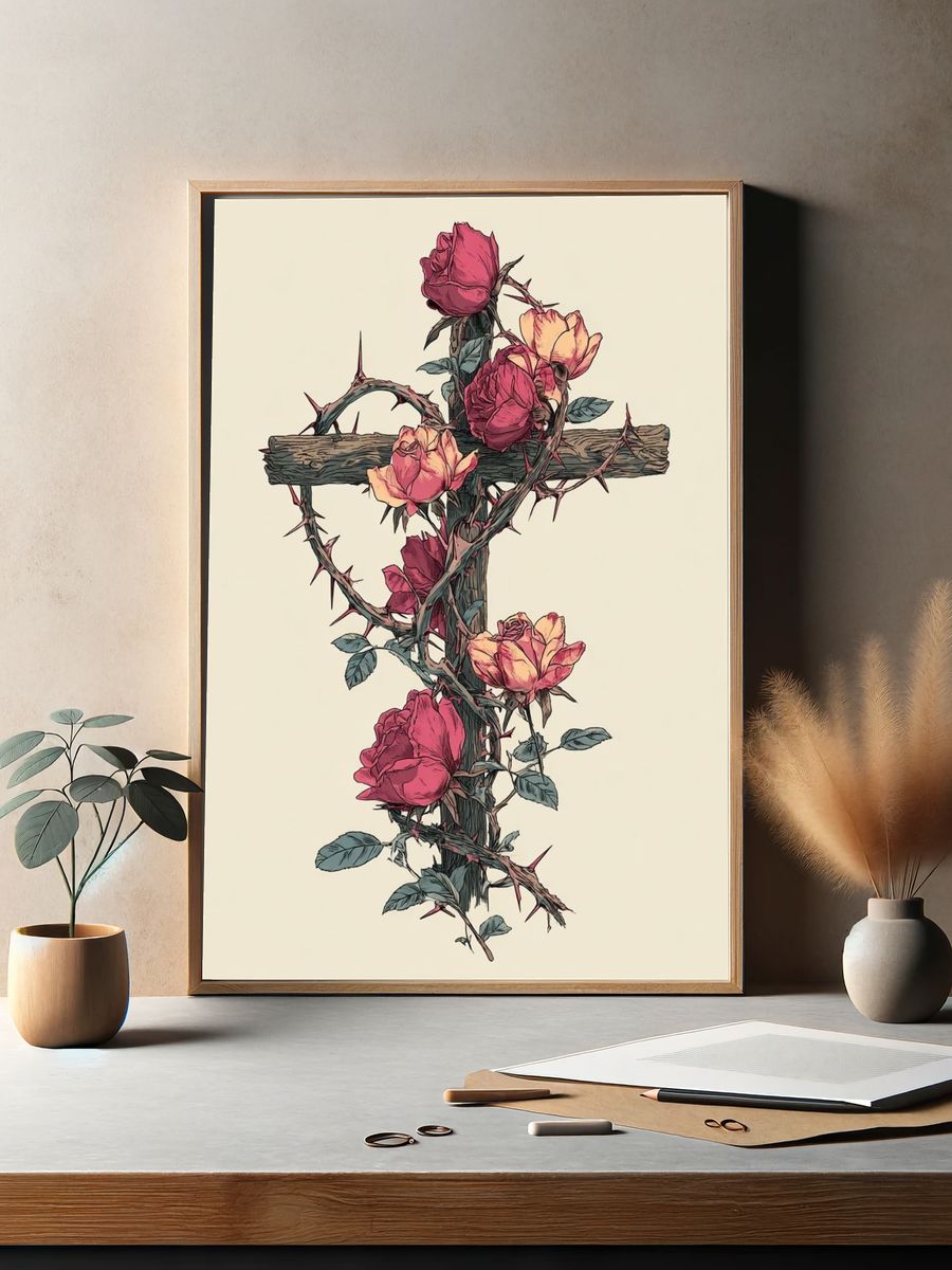 Thorned Rose Cross Illustration Poster. — room view 2