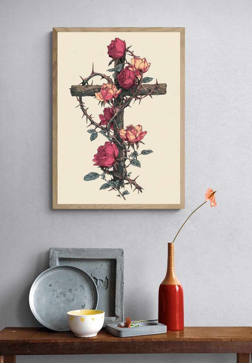 Thorned Rose Cross Illustration Poster. — room view 3
