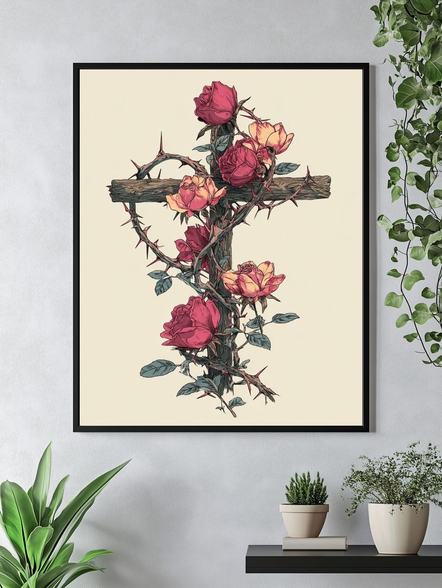 Thorned Rose Cross Illustration Poster. — room view 4