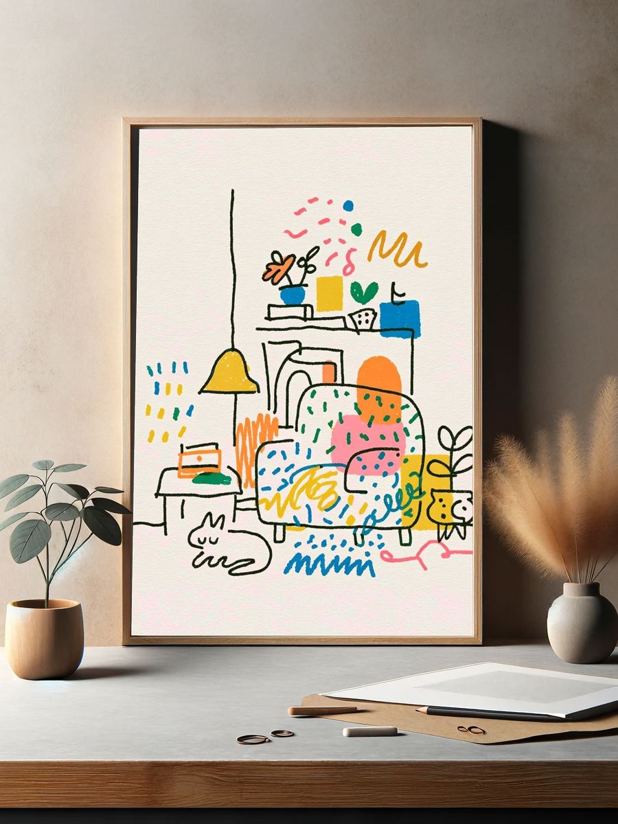 Playful Living Room Illustration Poster. — room view 2