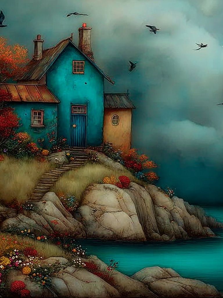 Coastal Cottage Dreamscape Print. poster — illustration art