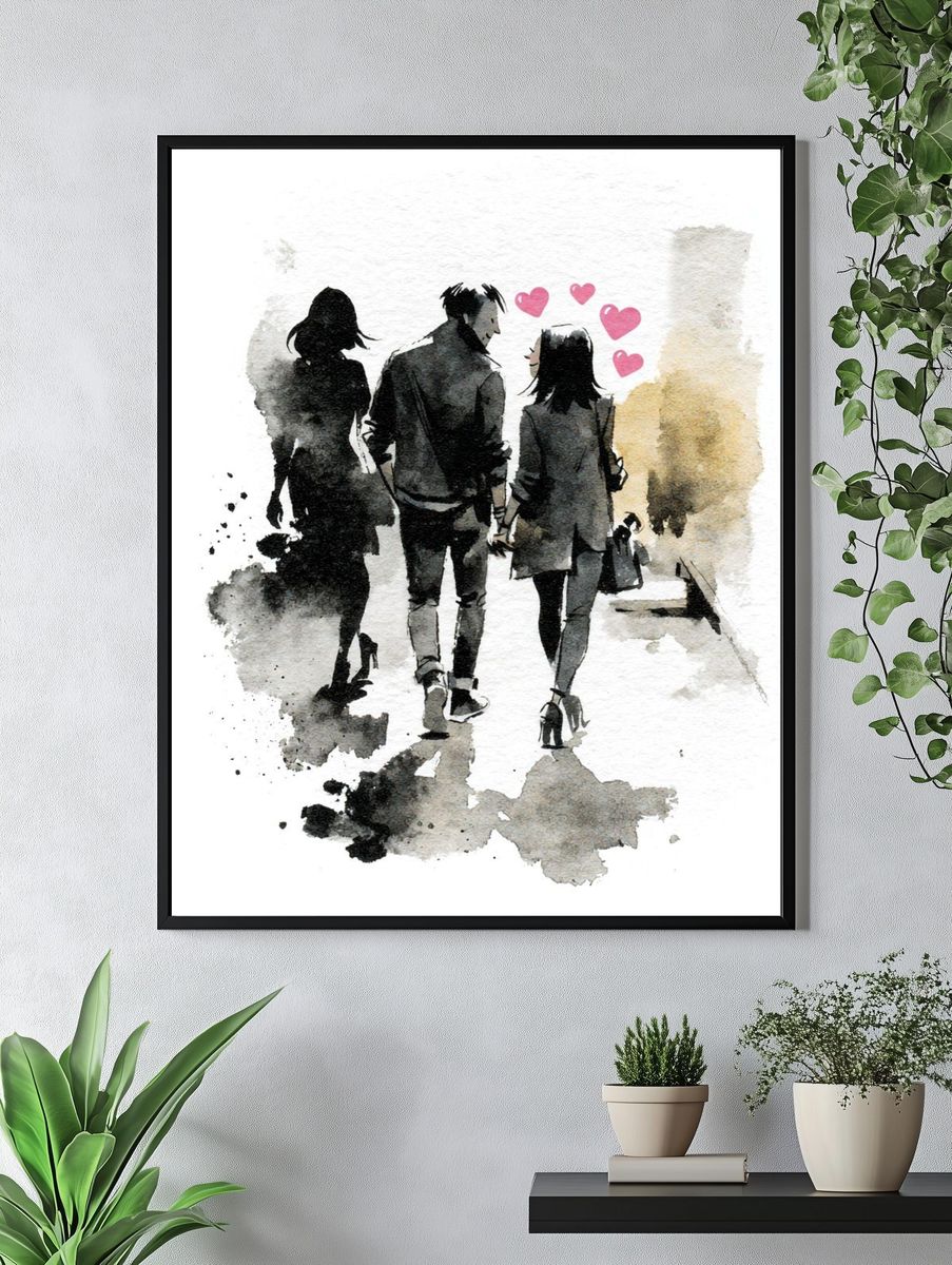 Watercolor Couple Walk Poster. — room view 4