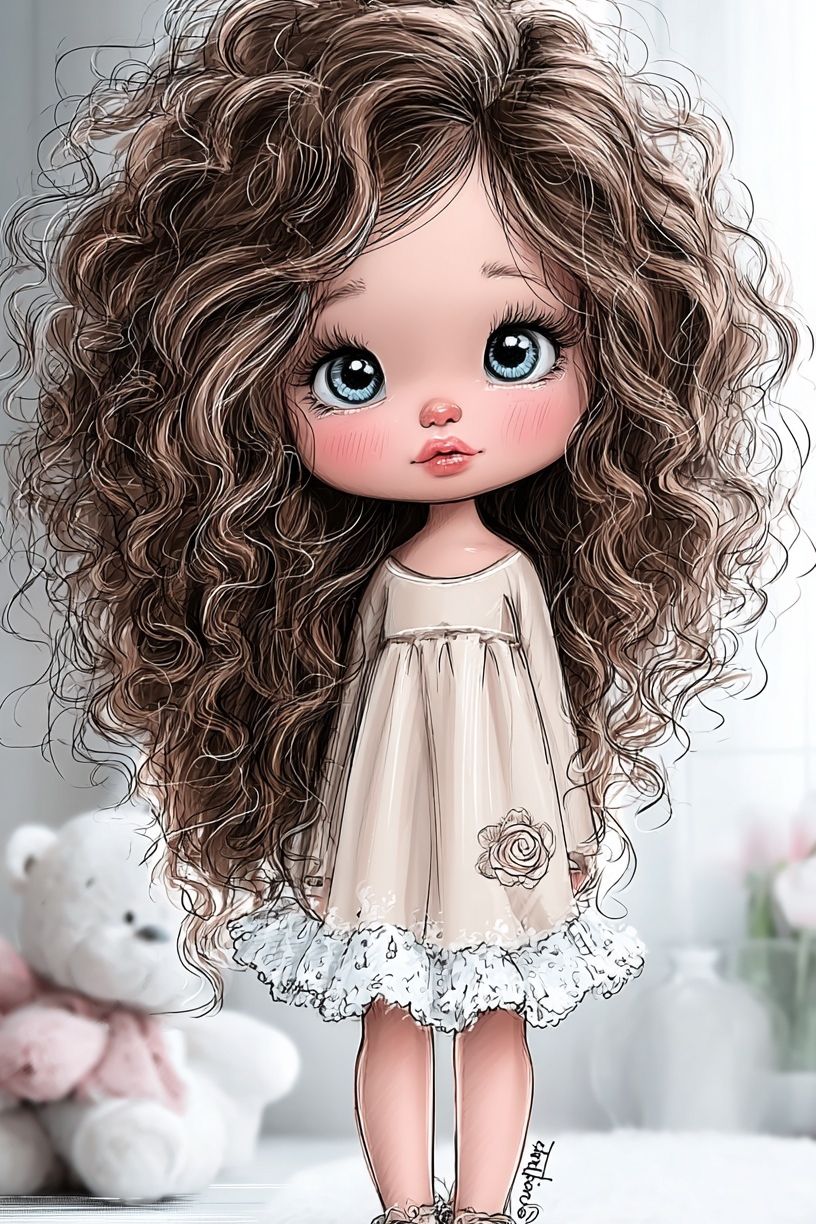Curly Doll Girl Illustration Poster. poster detail