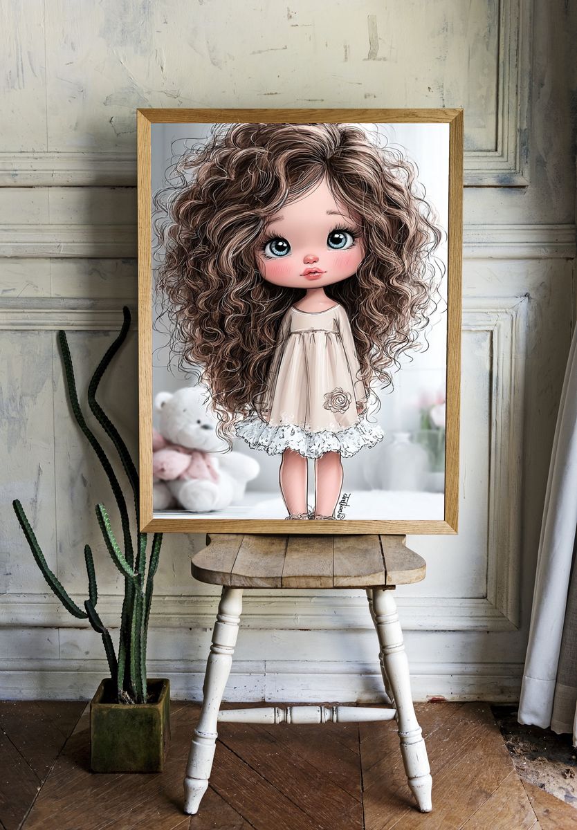 Curly Doll Girl Illustration Poster. — room view 1