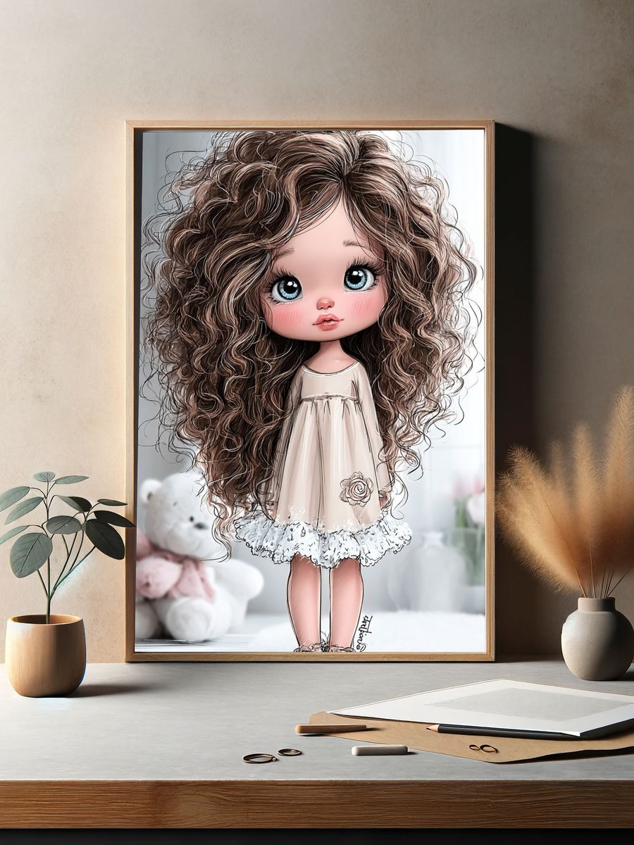 Curly Doll Girl Illustration Poster. — room view 2