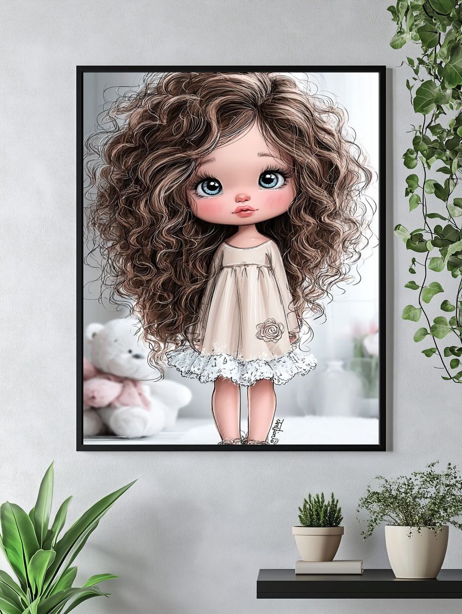 Curly Doll Girl Illustration Poster. — room view 4