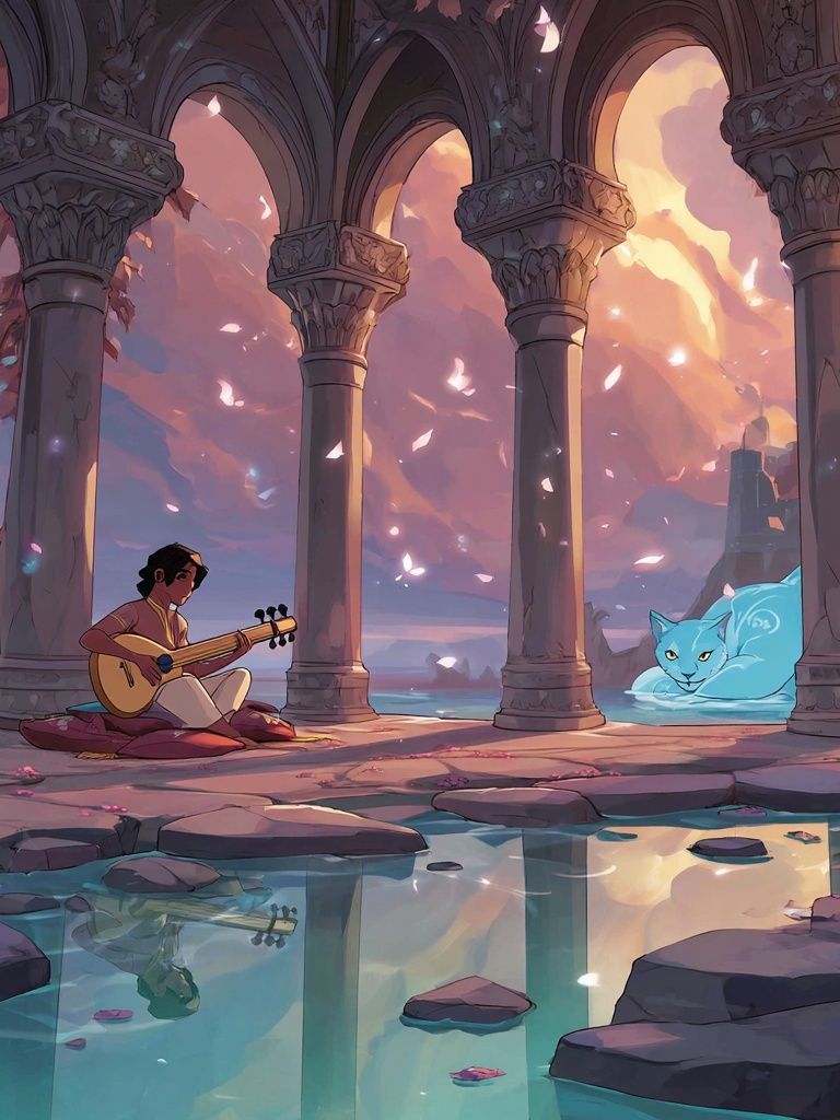 Moonlit Ruins and Spirit Cat Print. poster detail
