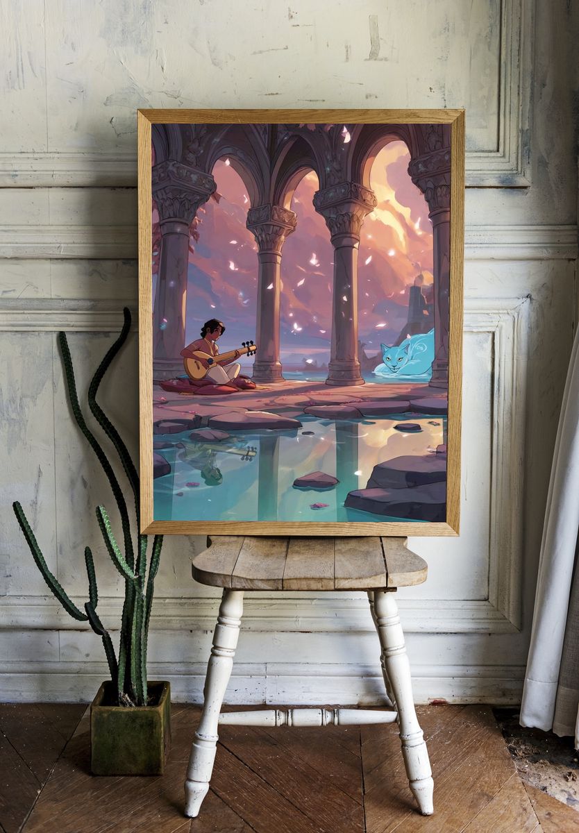 Moonlit Ruins and Spirit Cat Print. — room view 1