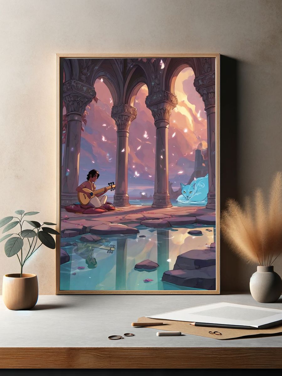 Moonlit Ruins and Spirit Cat Print. — room view 2