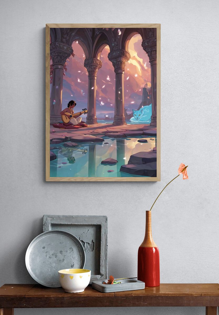 Moonlit Ruins and Spirit Cat Print. — room view 3