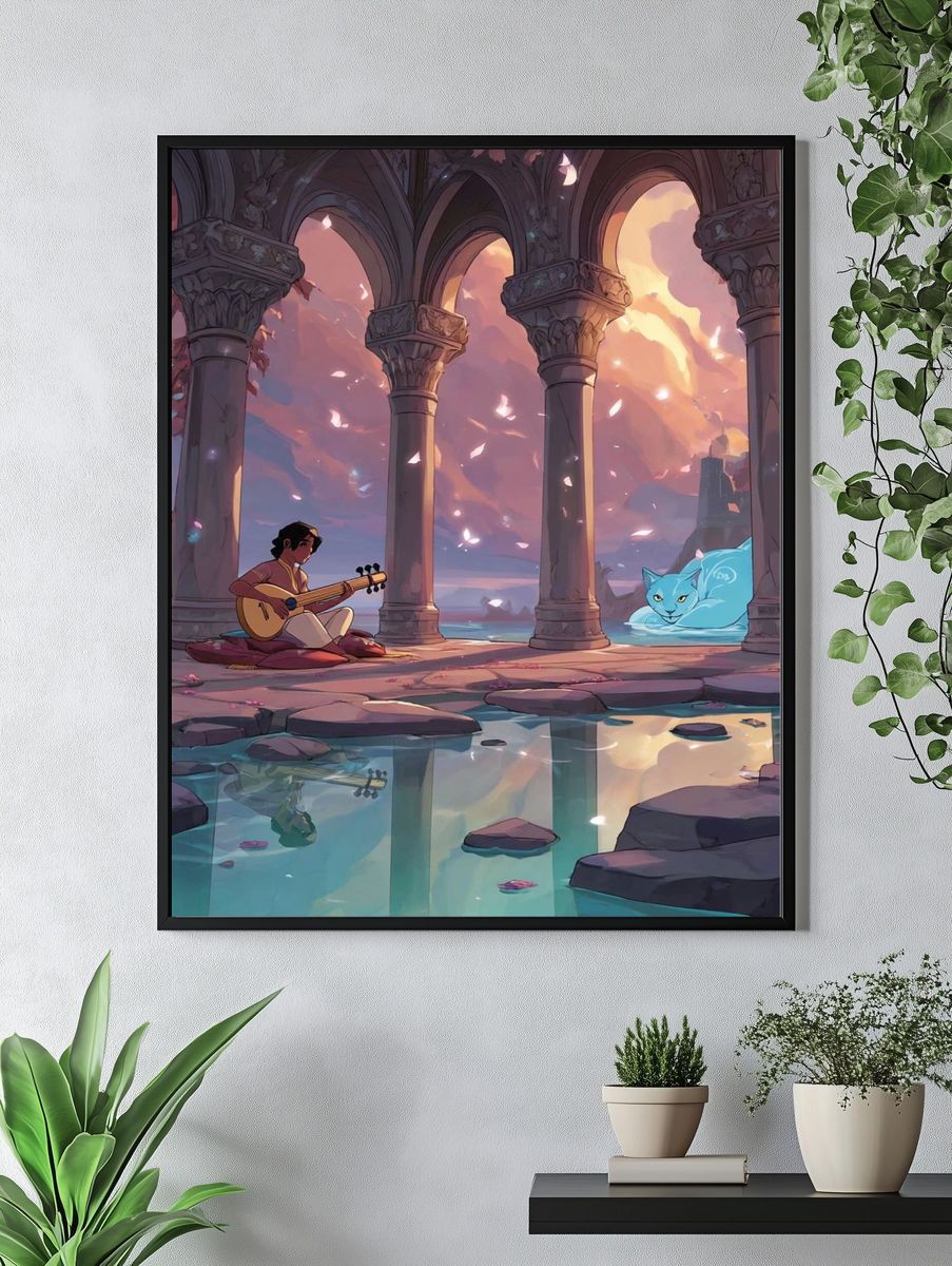 Moonlit Ruins and Spirit Cat Print. — room view 4