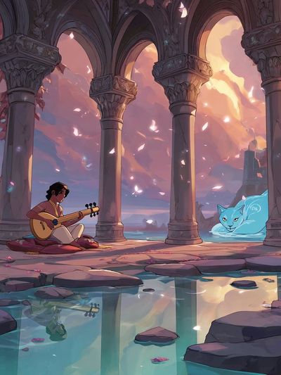 Moonlit Ruins and Spirit Cat Print. poster print