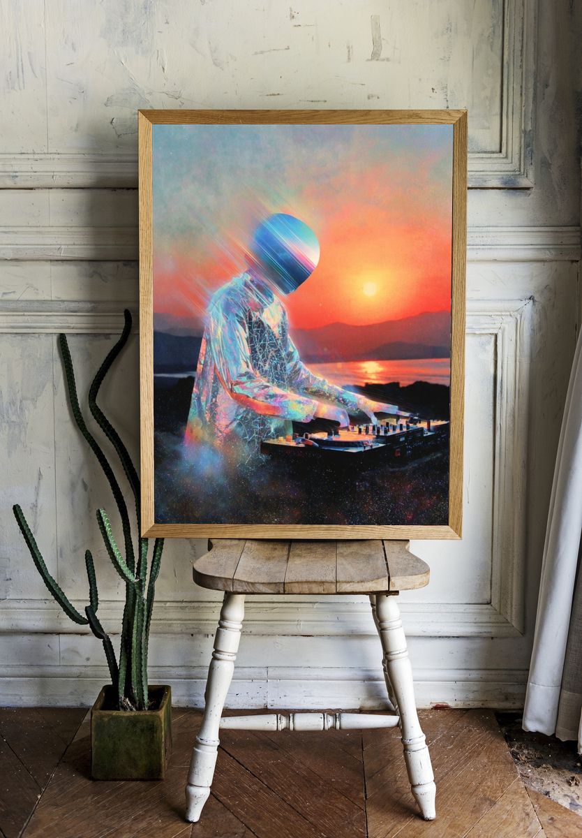 Cosmic DJ Sunset Digital Art Print. — room view 1