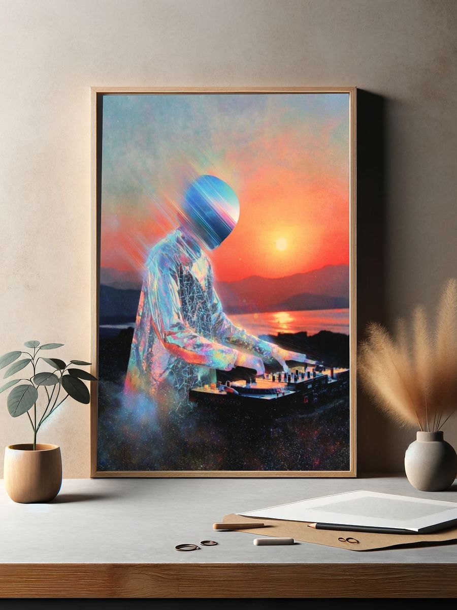 Cosmic DJ Sunset Digital Art Print. — room view 2