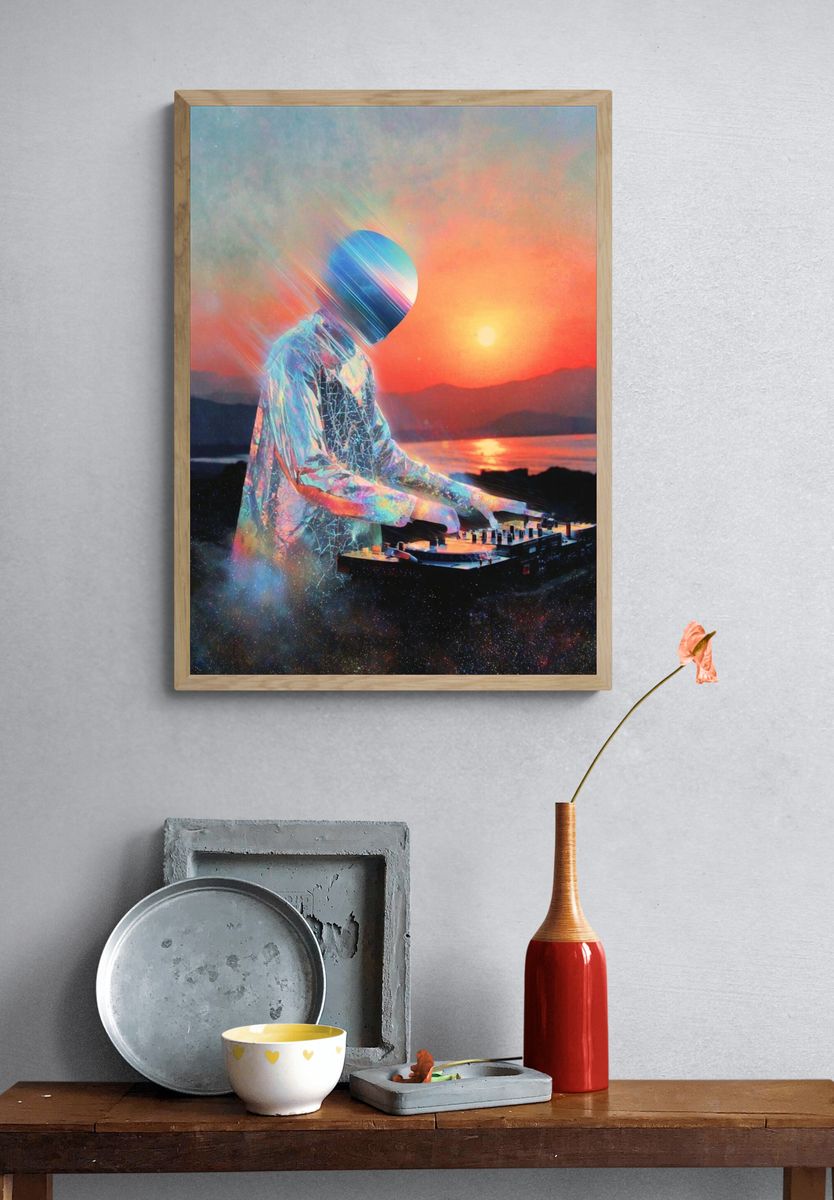 Cosmic DJ Sunset Digital Art Print. — room view 3