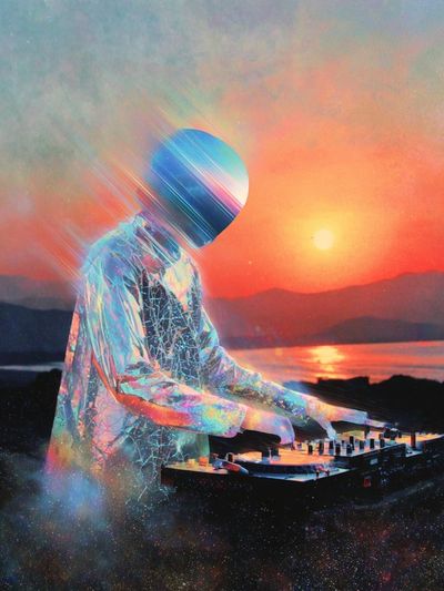 Cosmic DJ Sunset Digital Art Print. poster print