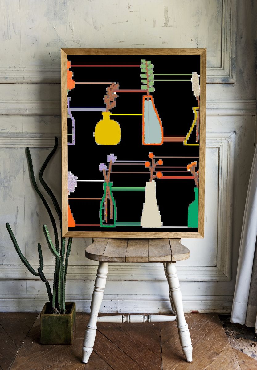Colorful doodle flowers vases pattern. — room view 1