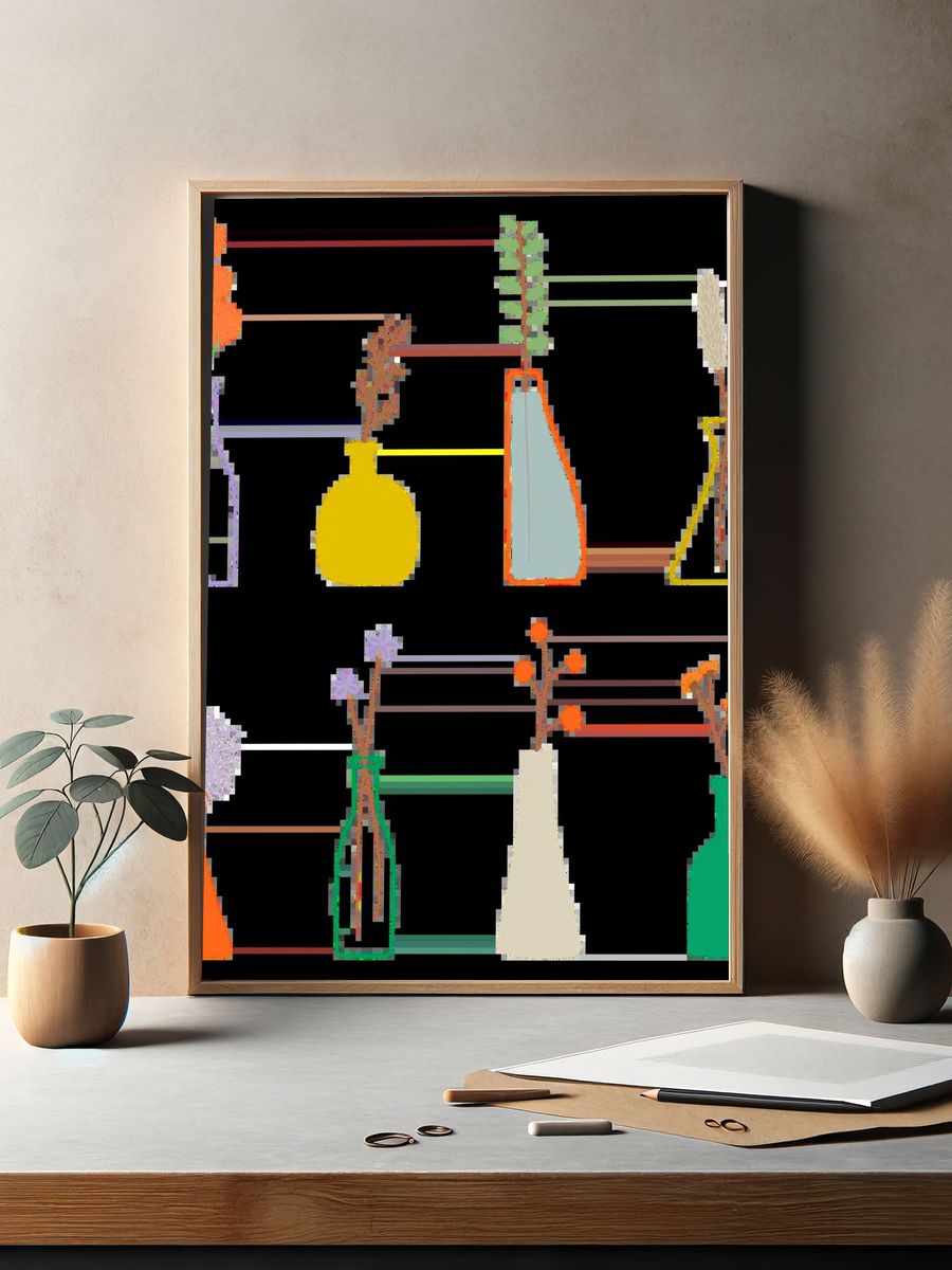 Colorful doodle flowers vases pattern. — room view 2