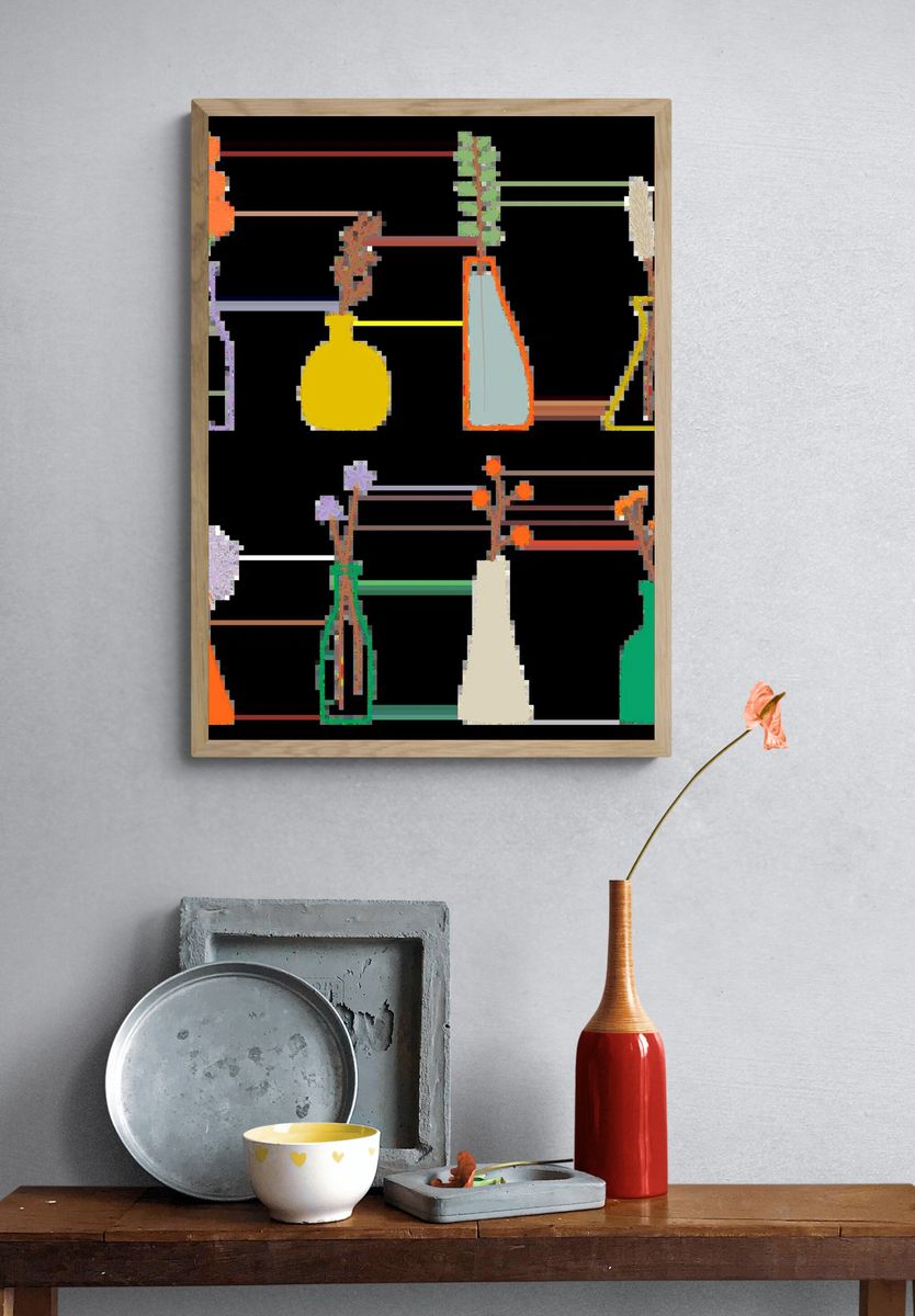 Colorful doodle flowers vases pattern. — room view 3
