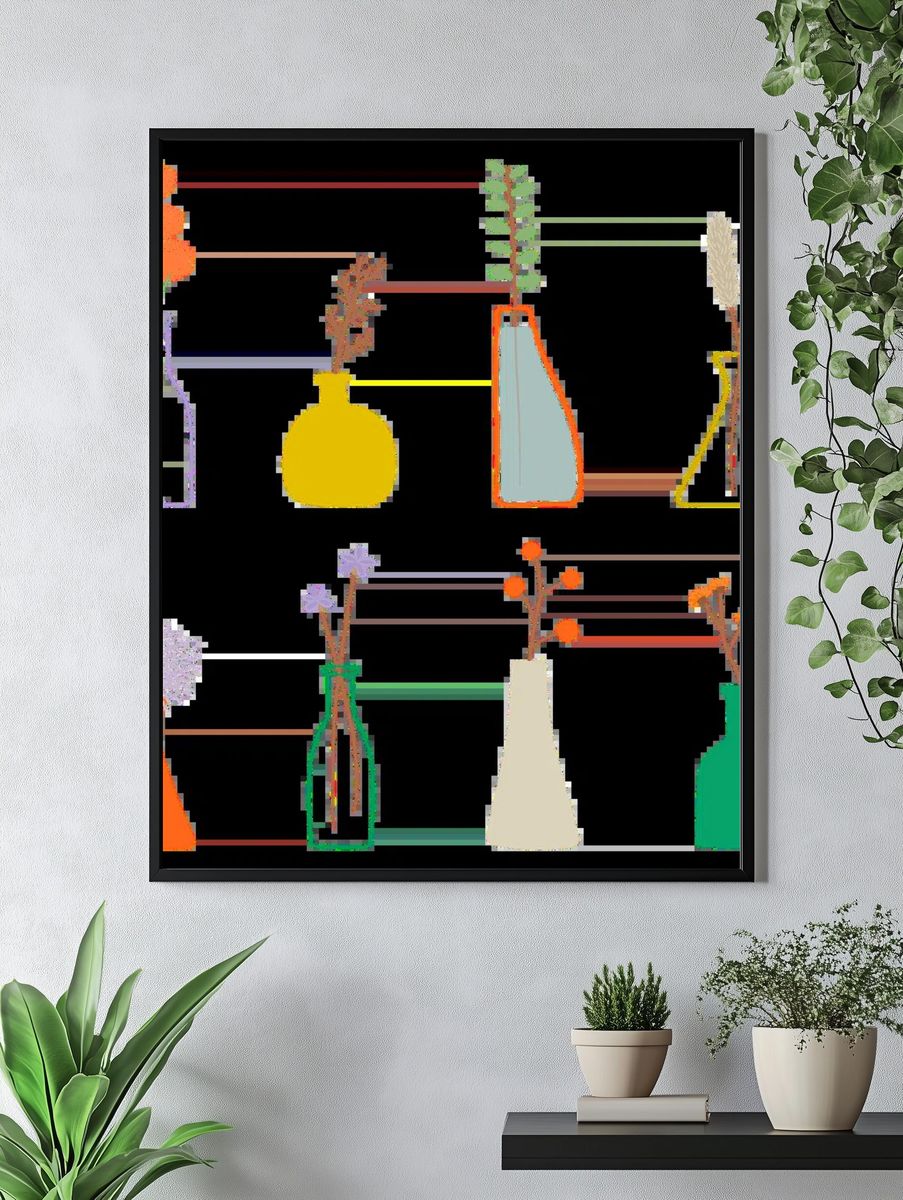 Colorful doodle flowers vases pattern. — room view 4