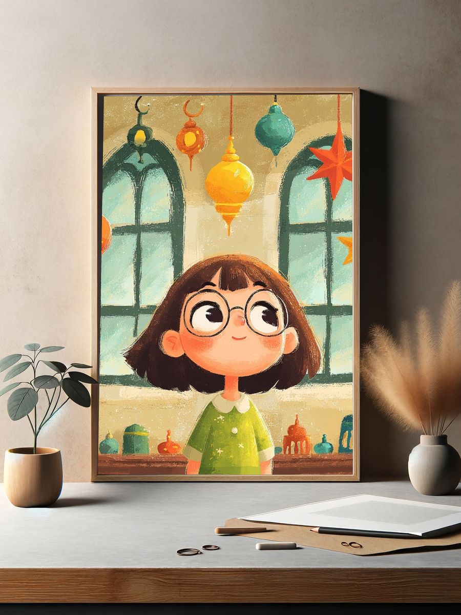 Girl with Lanterns Illustration Poster. — room view 2