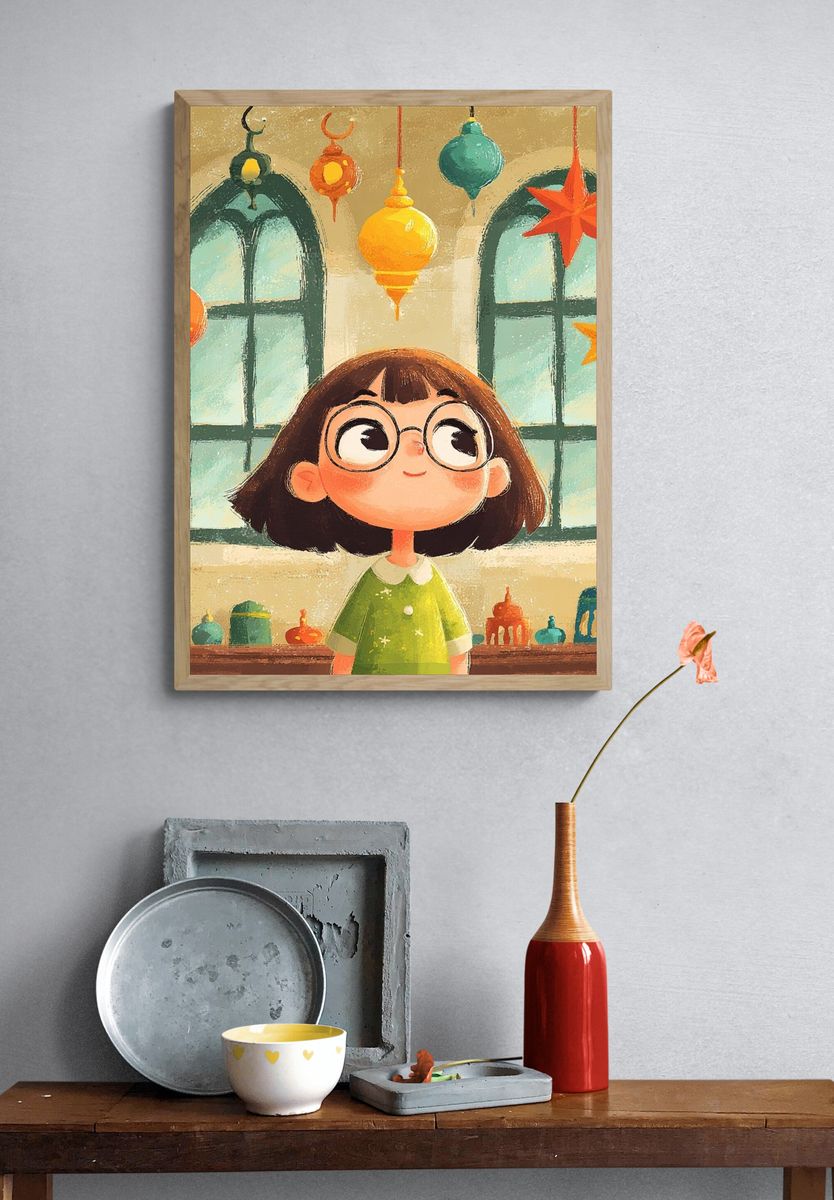 Girl with Lanterns Illustration Poster. — room view 3