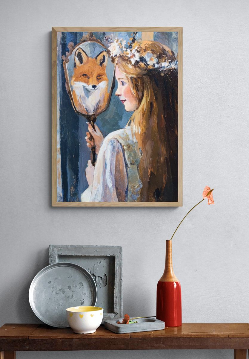 Girl with Fox Mirror Print. — room view 3
