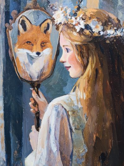 Girl with Fox Mirror Print. poster print