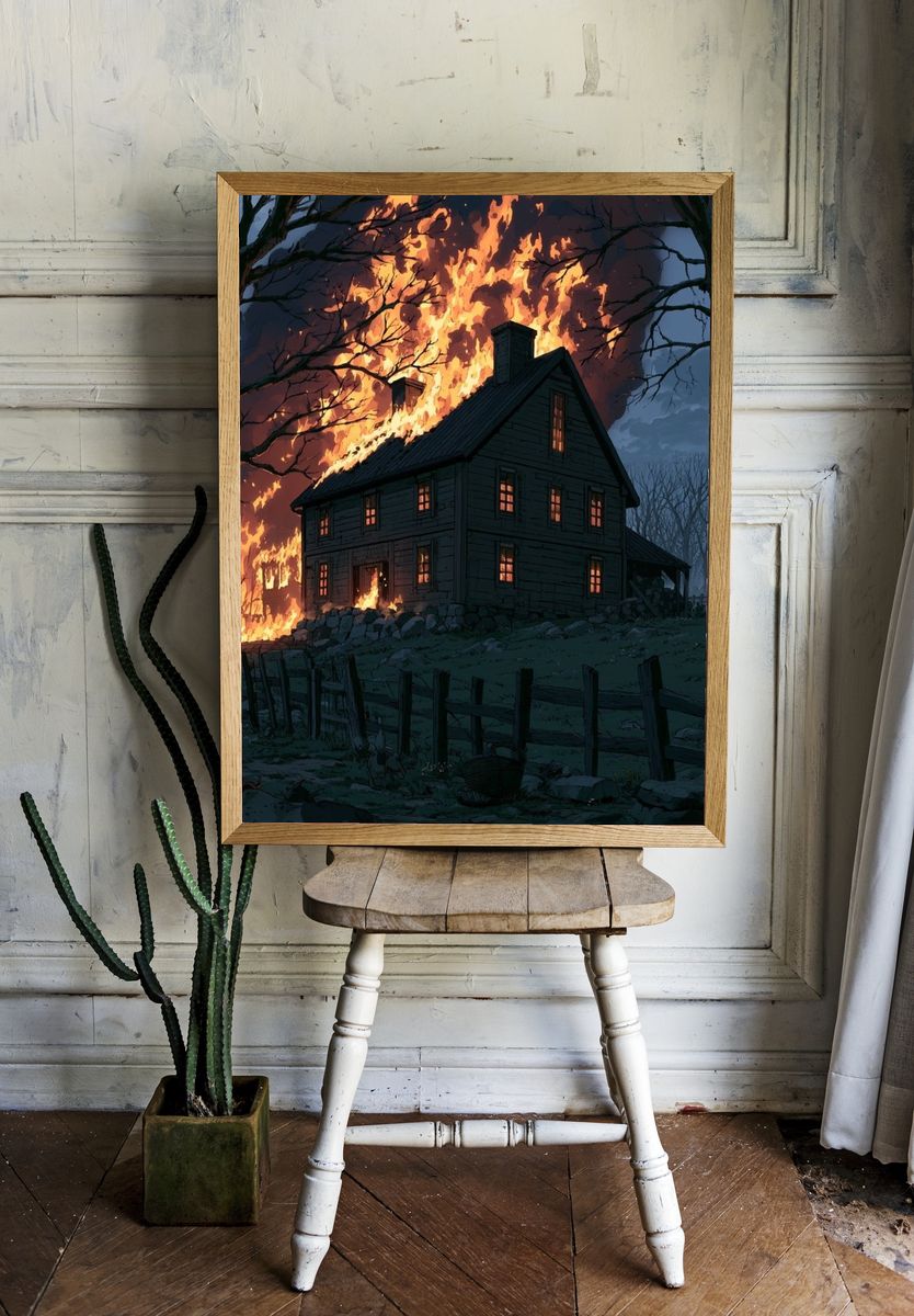 Burning House at Night Illustration Poster. — room view 1