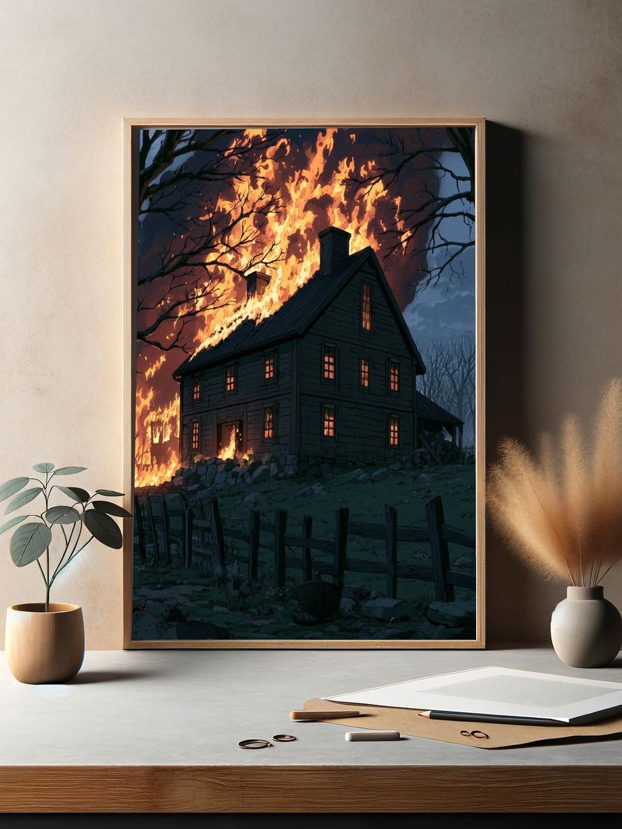 Burning House at Night Illustration Poster. — room view 2