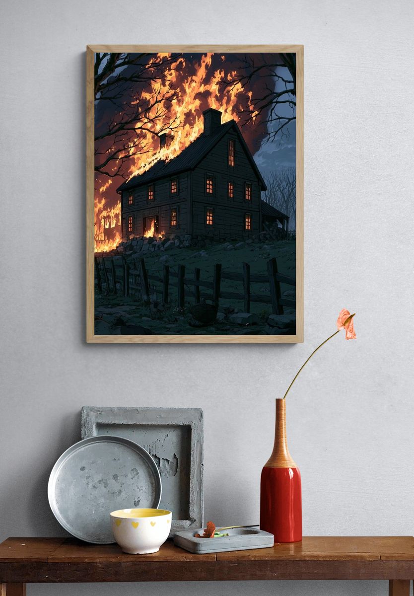 Burning House at Night Illustration Poster. — room view 3