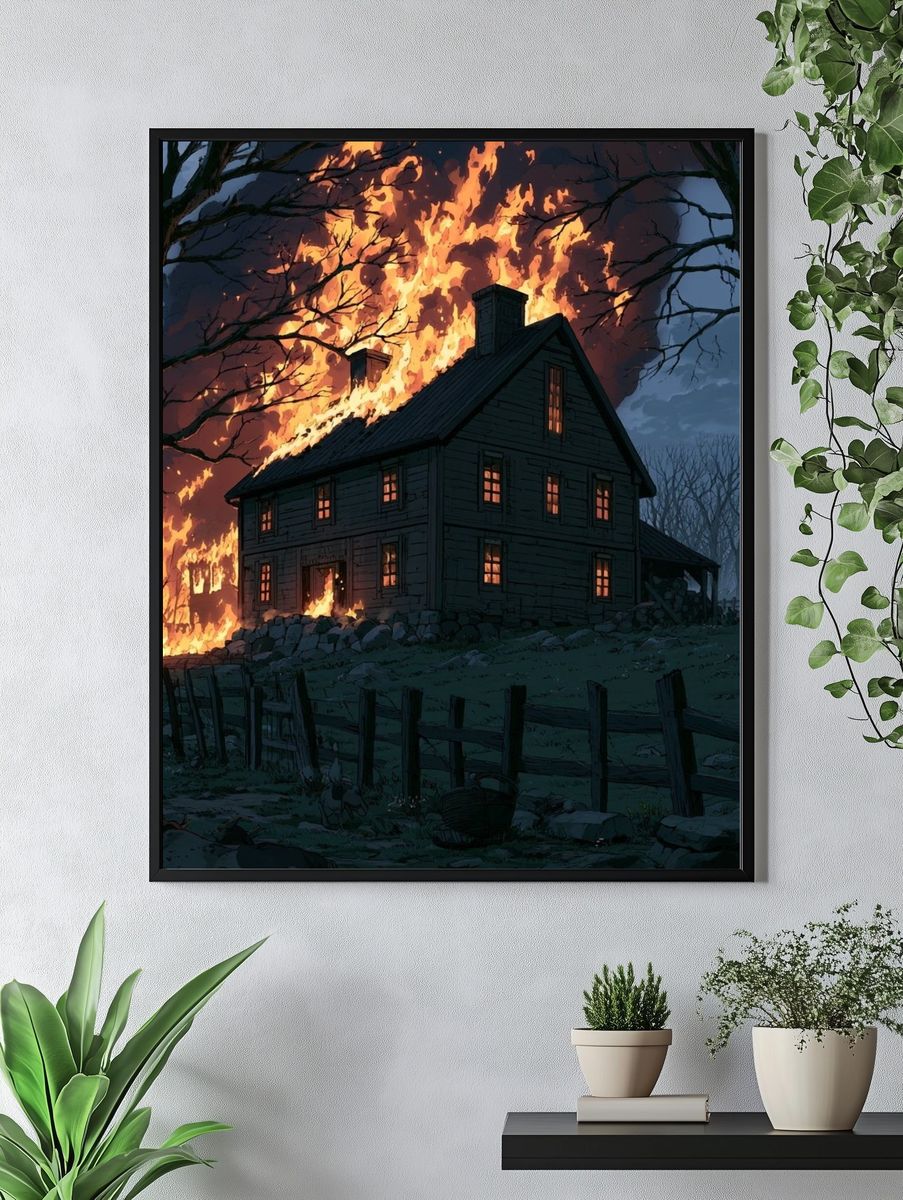 Burning House at Night Illustration Poster. — room view 4