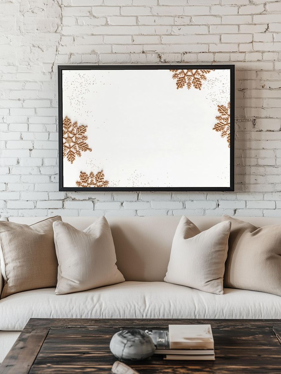 Festive golden snowflakes frame design. — room view 1