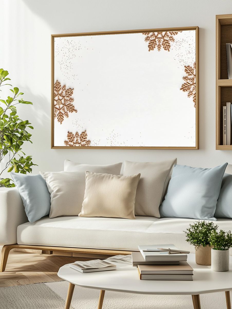 Festive golden snowflakes frame design. — room view 2