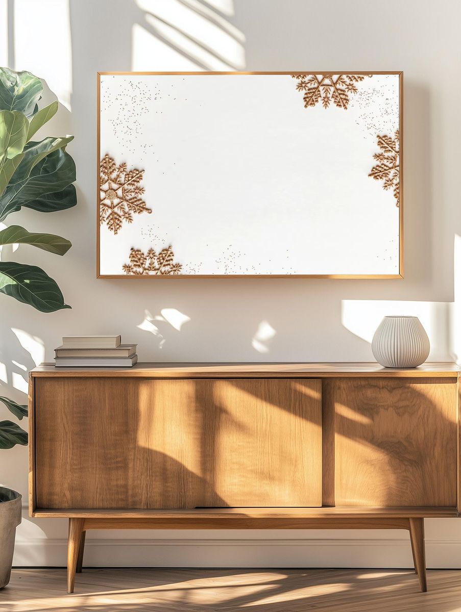 Festive golden snowflakes frame design. — room view 3