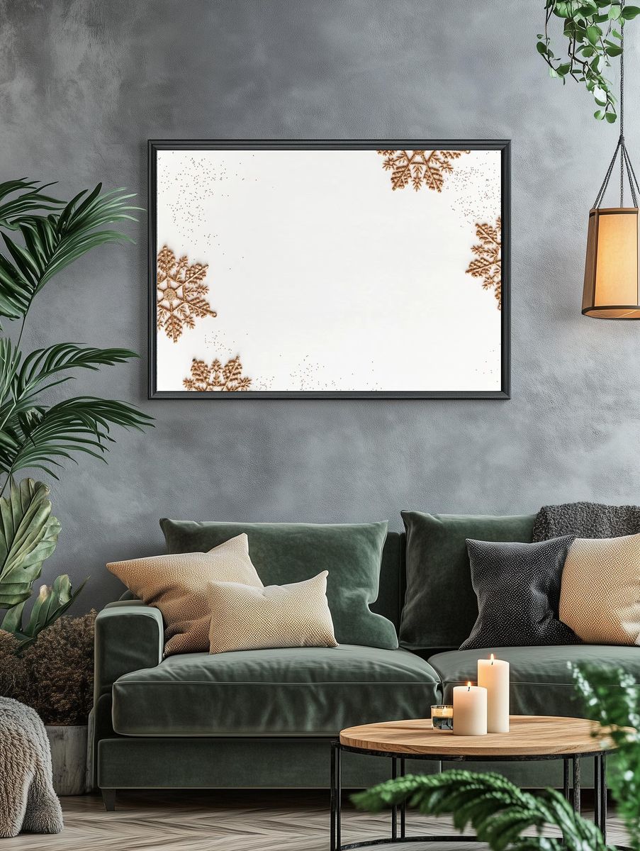 Festive golden snowflakes frame design. — room view 4