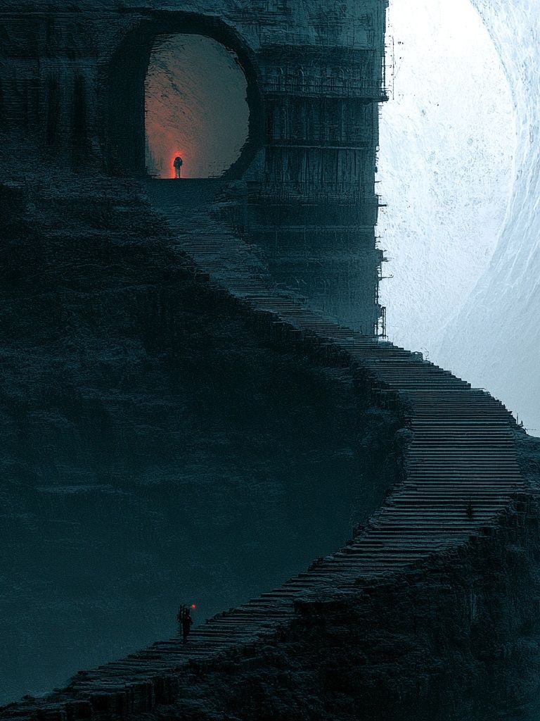 Misty Cliff Stairway Surrealism Print. poster detail