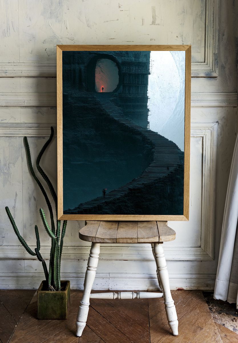 Misty Cliff Stairway Surrealism Print. — room view 1