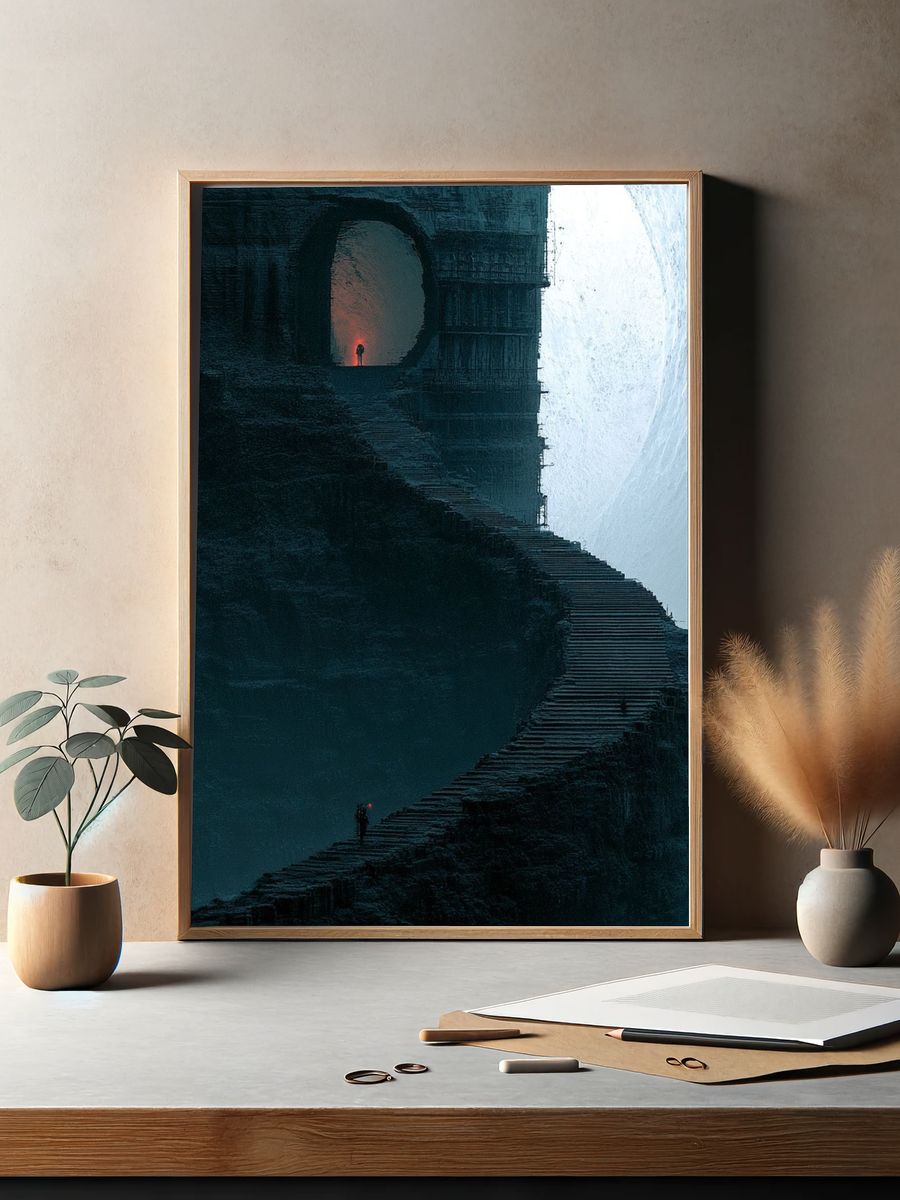 Misty Cliff Stairway Surrealism Print. — room view 2